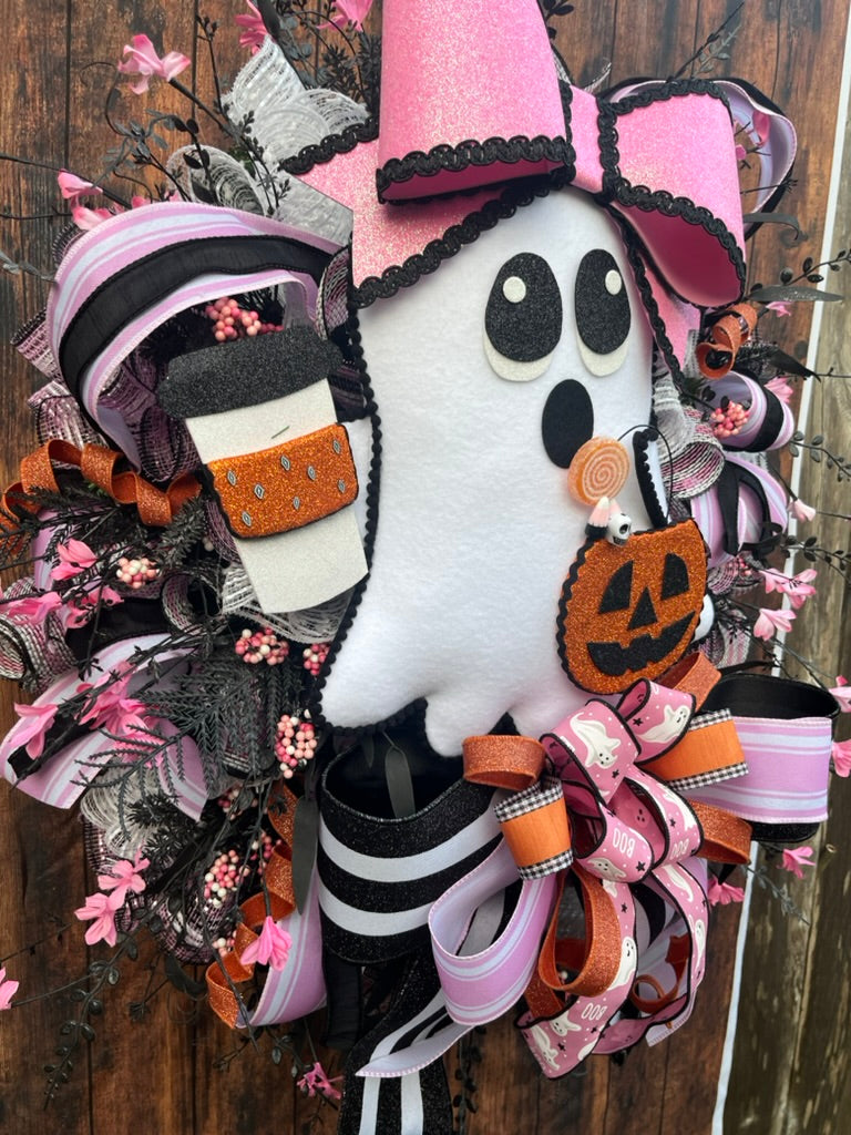 Glam Ghost Halloween Wreath with Coffee Cup & Pink Bow | Spooky Cute Door Décor