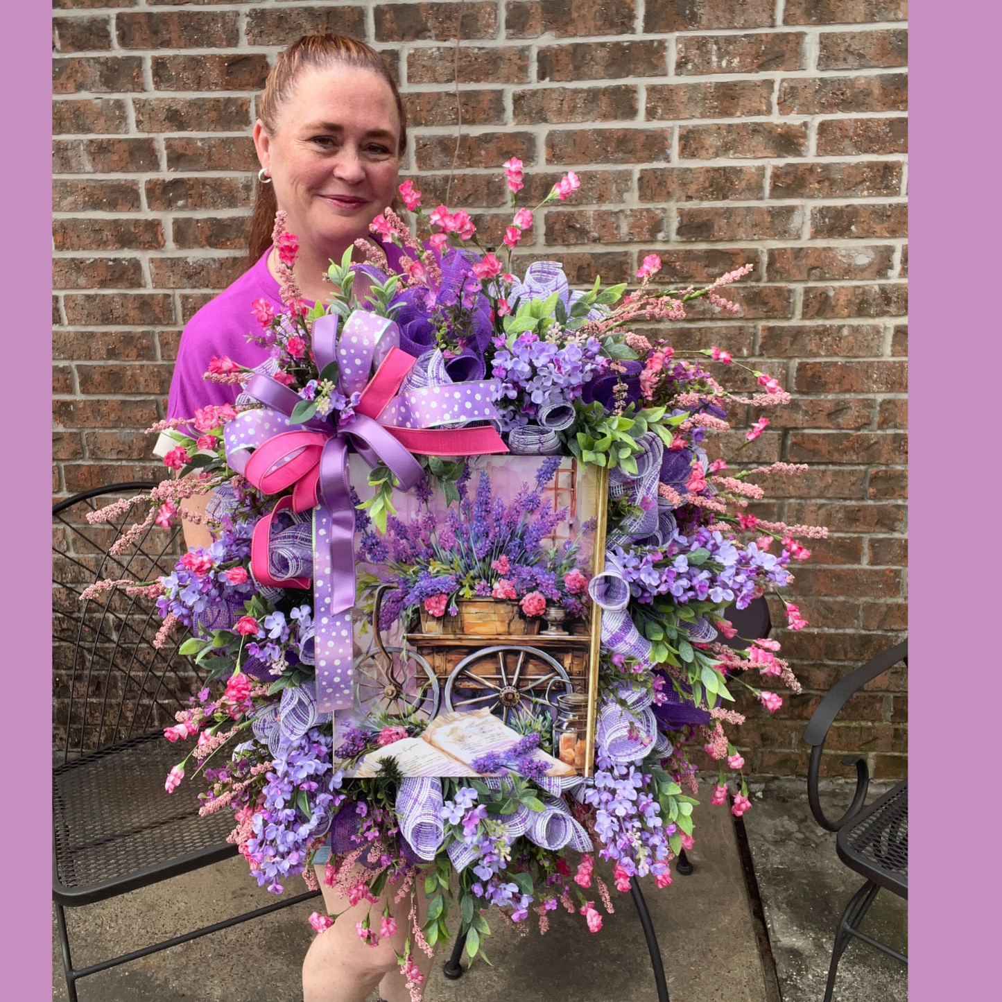 Purple Summer Door Decor with Wildflowers, Whimsical Country Farmhouse Style,Lavender Cart Wreath with Florals & Bows
