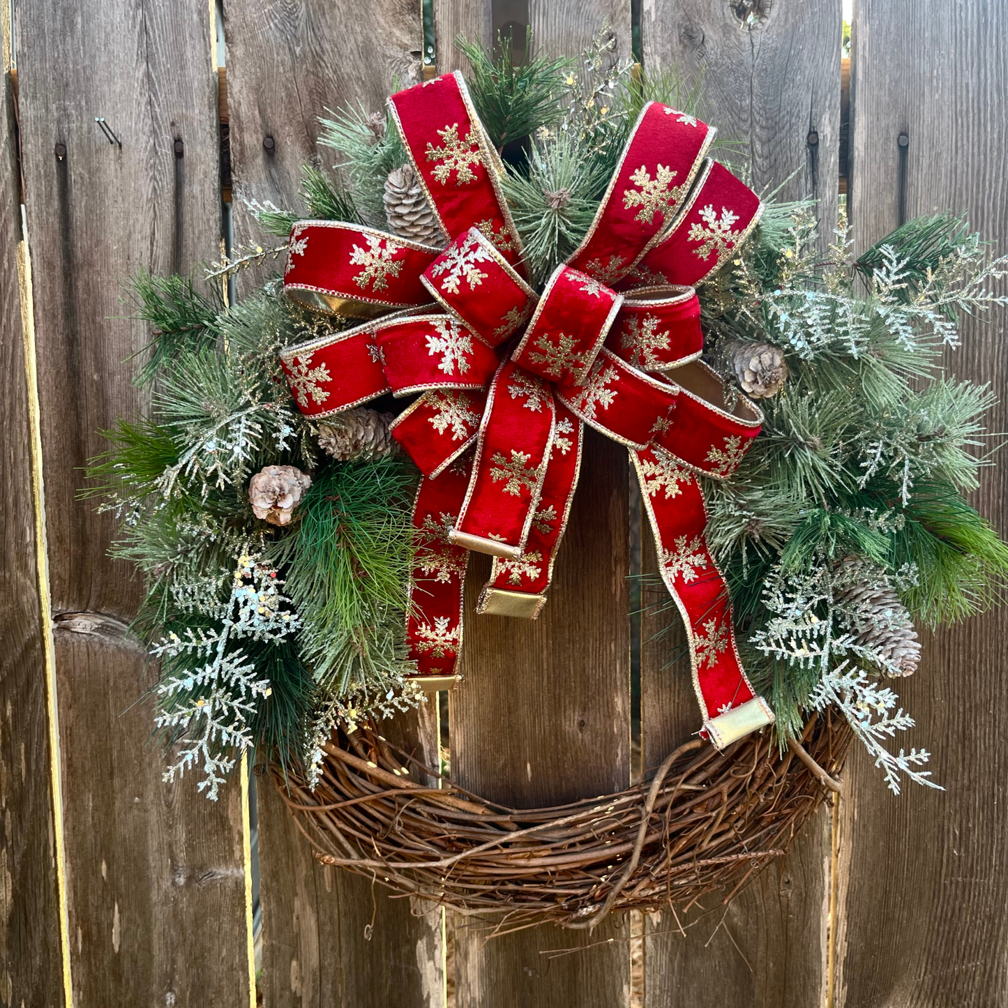 Red Christmas Wreath with Bow – Winter Pine & Snowflake Holiday Decor