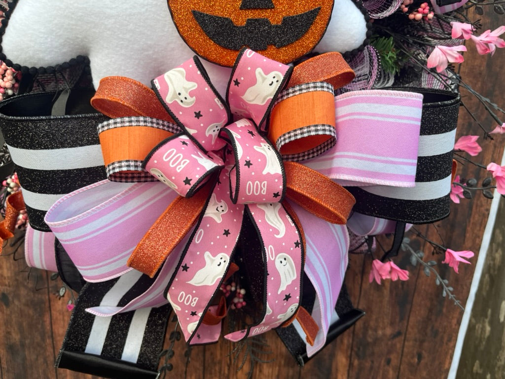 Glam Ghost Halloween Wreath with Coffee Cup & Pink Bow | Spooky Cute Door Décor