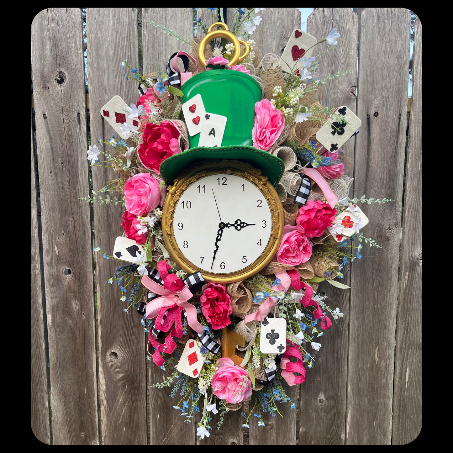 Mad Hatter Wonderland Clock Wreath – Alice in Wonderland Décor, Playing Cards, Pink Floral Door Wreath