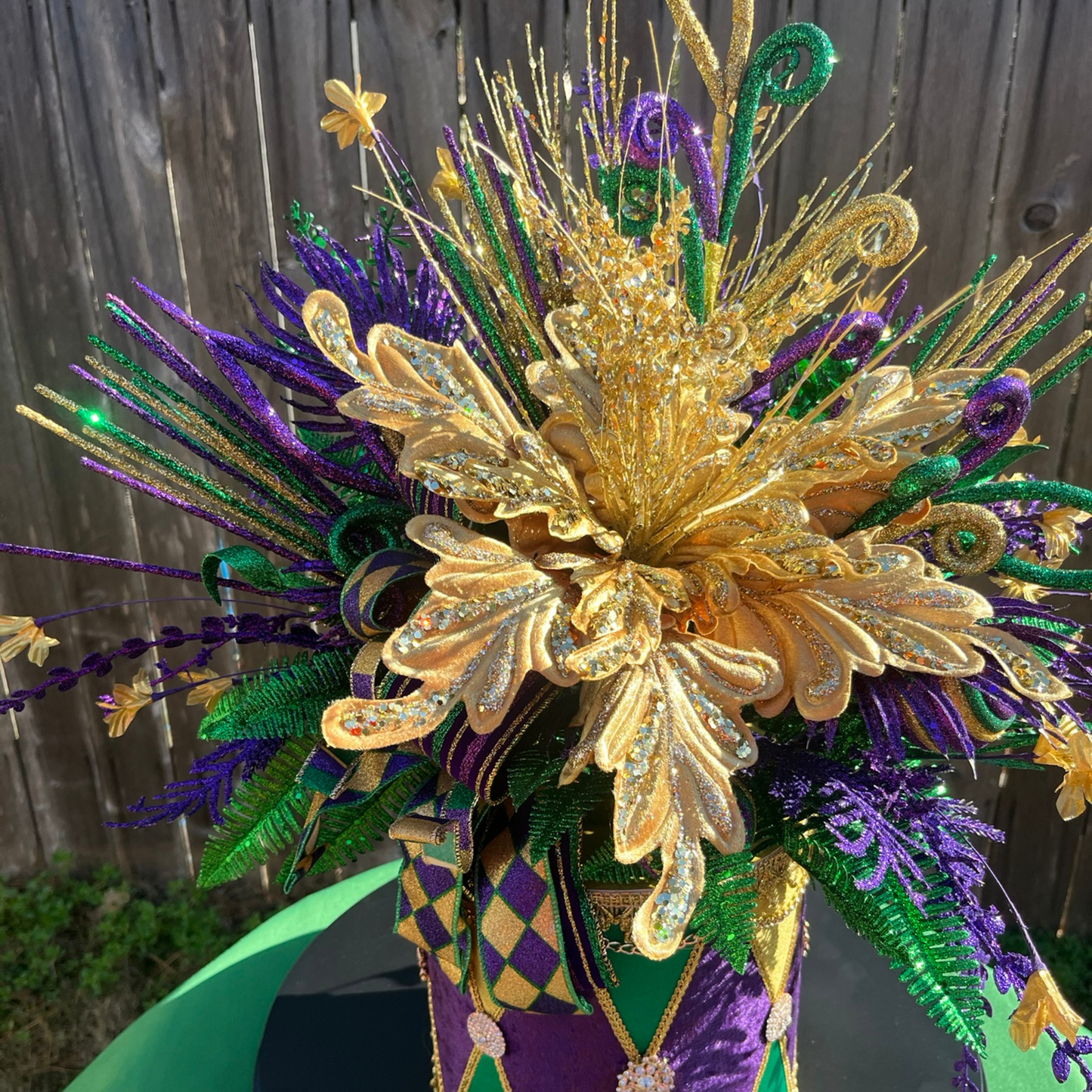 Mardi Gras Floral Centerpiece - Festive Gold, Purple & Green Arrangement