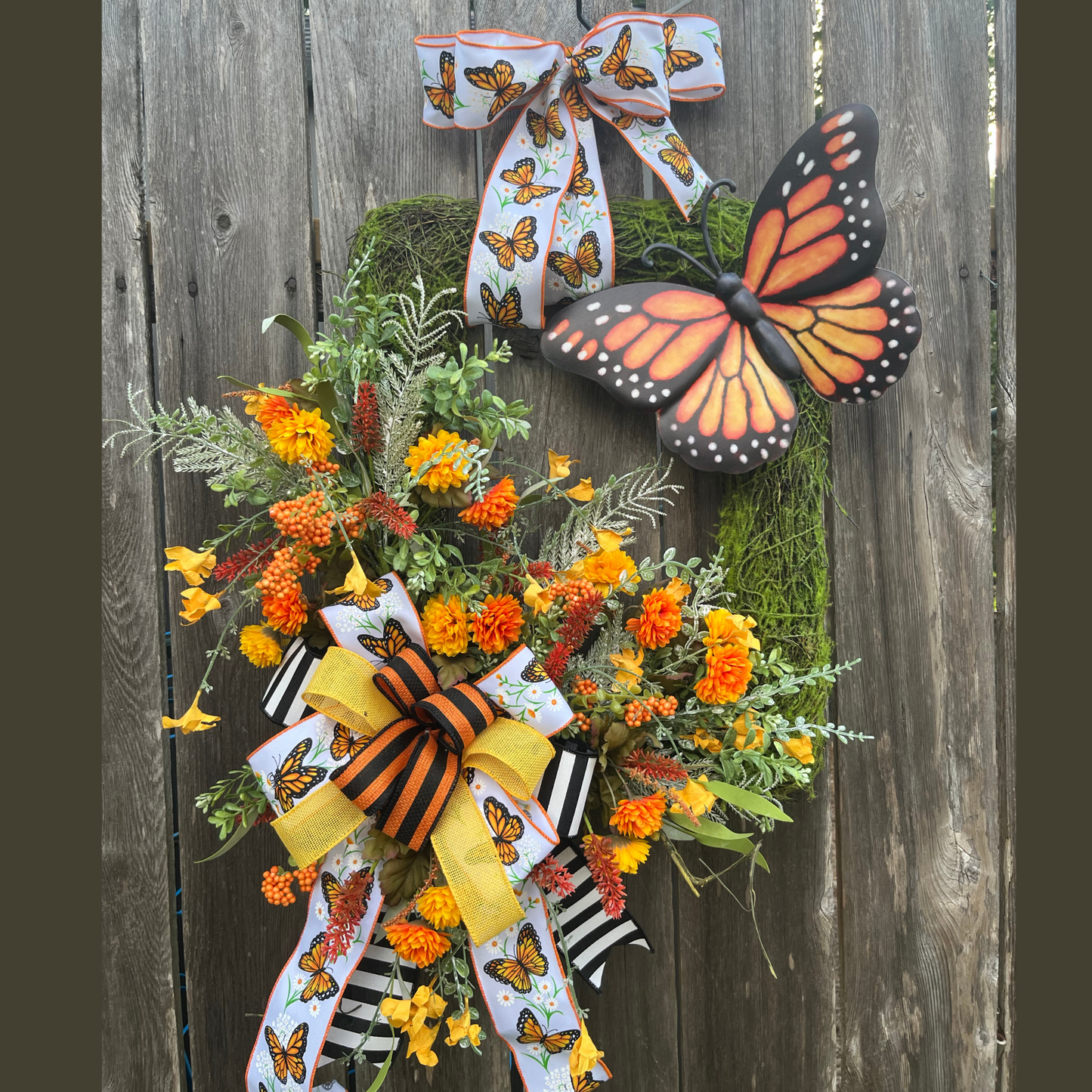Monarch Butterfly Wreath for Front Door – Summer & Spring Wreath with Orange Florals, Moss Backing & Large Butterfly Accent