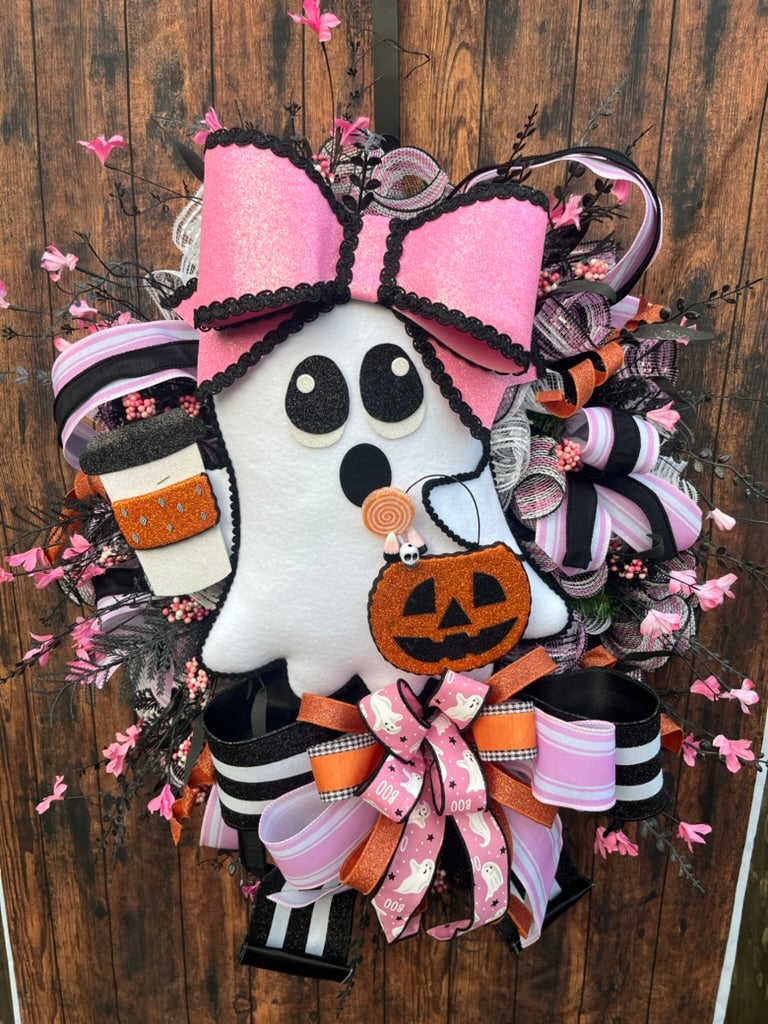 Glam Ghost Halloween Wreath with Coffee Cup & Pink Bow | Spooky Cute Door Décor