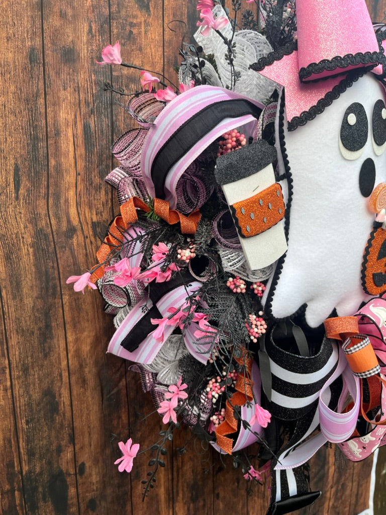 Glam Ghost Halloween Wreath with Coffee Cup & Pink Bow | Spooky Cute Door Décor