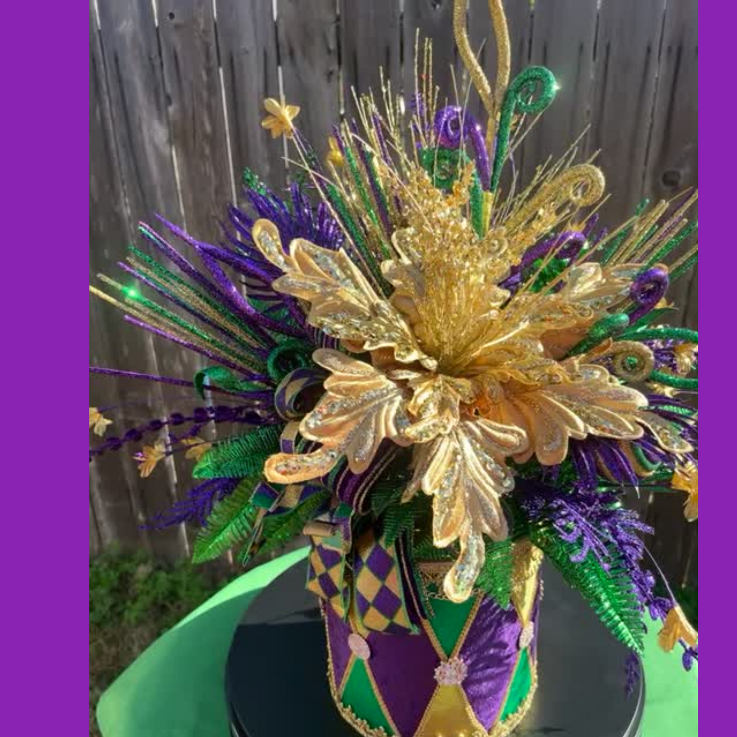 Mardi Gras Floral Centerpiece - Festive Gold, Purple & Green Arrangement