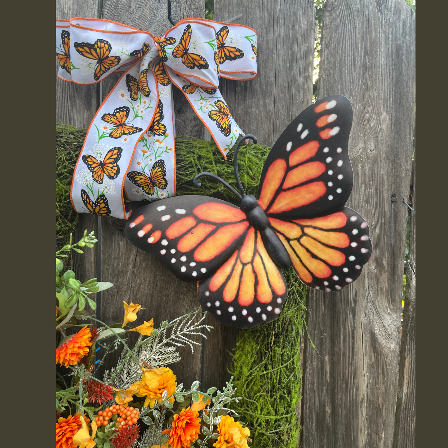 Monarch Butterfly Wreath for Front Door – Summer & Spring Wreath with Orange Florals, Moss Backing & Large Butterfly Accent