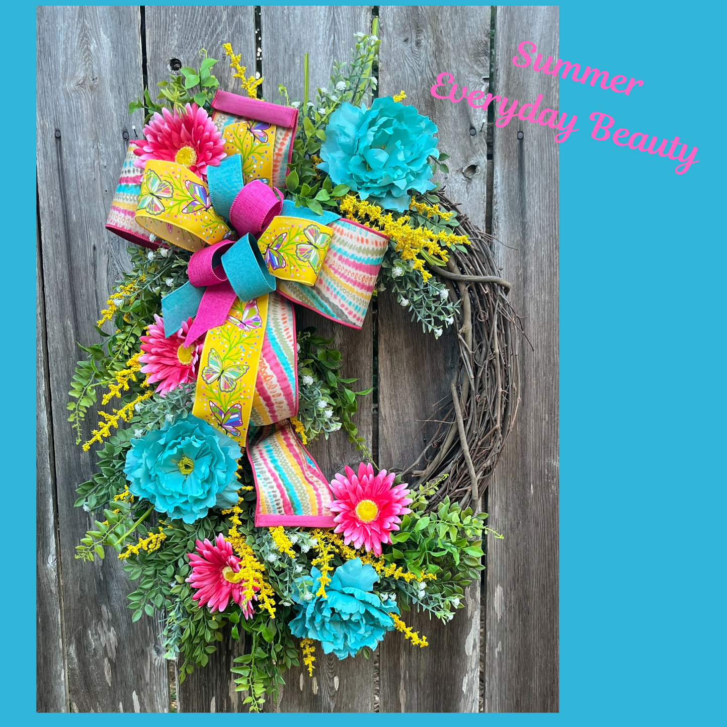 Bright Butterfly Garden Wreath – Vibrant Summer Front Door Decor with Teal & Hot Pink Florals
