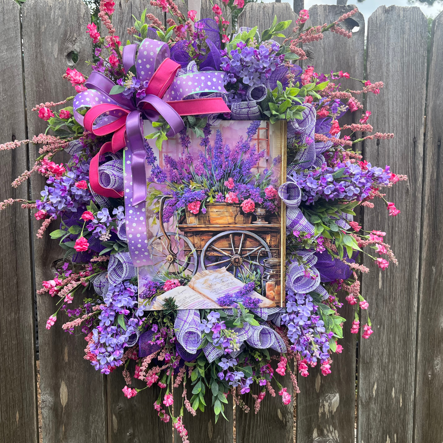 Purple Summer Door Decor with Wildflowers, Whimsical Country Farmhouse Style,Lavender Cart Wreath with Florals & Bows