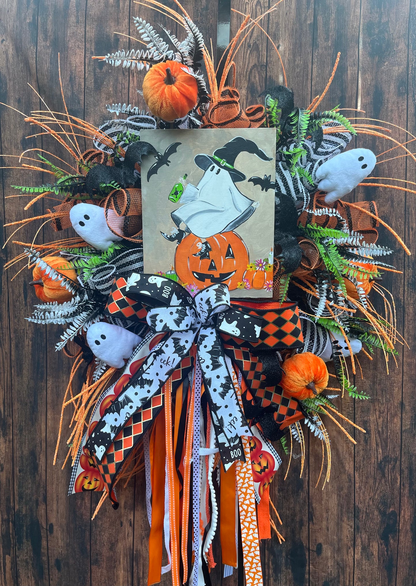 Whimsical Halloween Ghost Wreath with Pumpkin, Bats & Ribbons – Spooky Front Door Decor