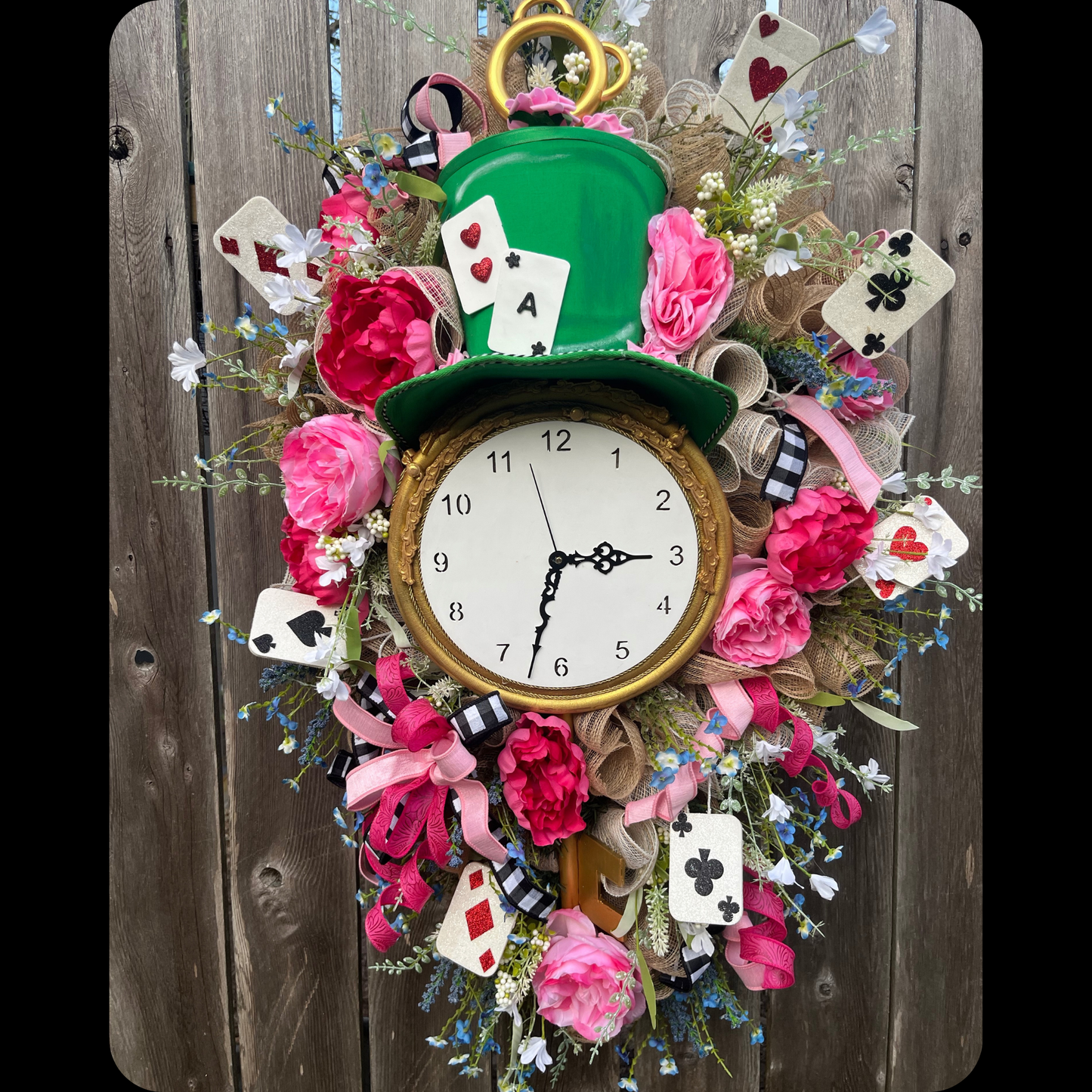 Mad Hatter Wonderland Clock Wreath – Alice in Wonderland Décor, Playing Cards, Pink Floral Door Wreath