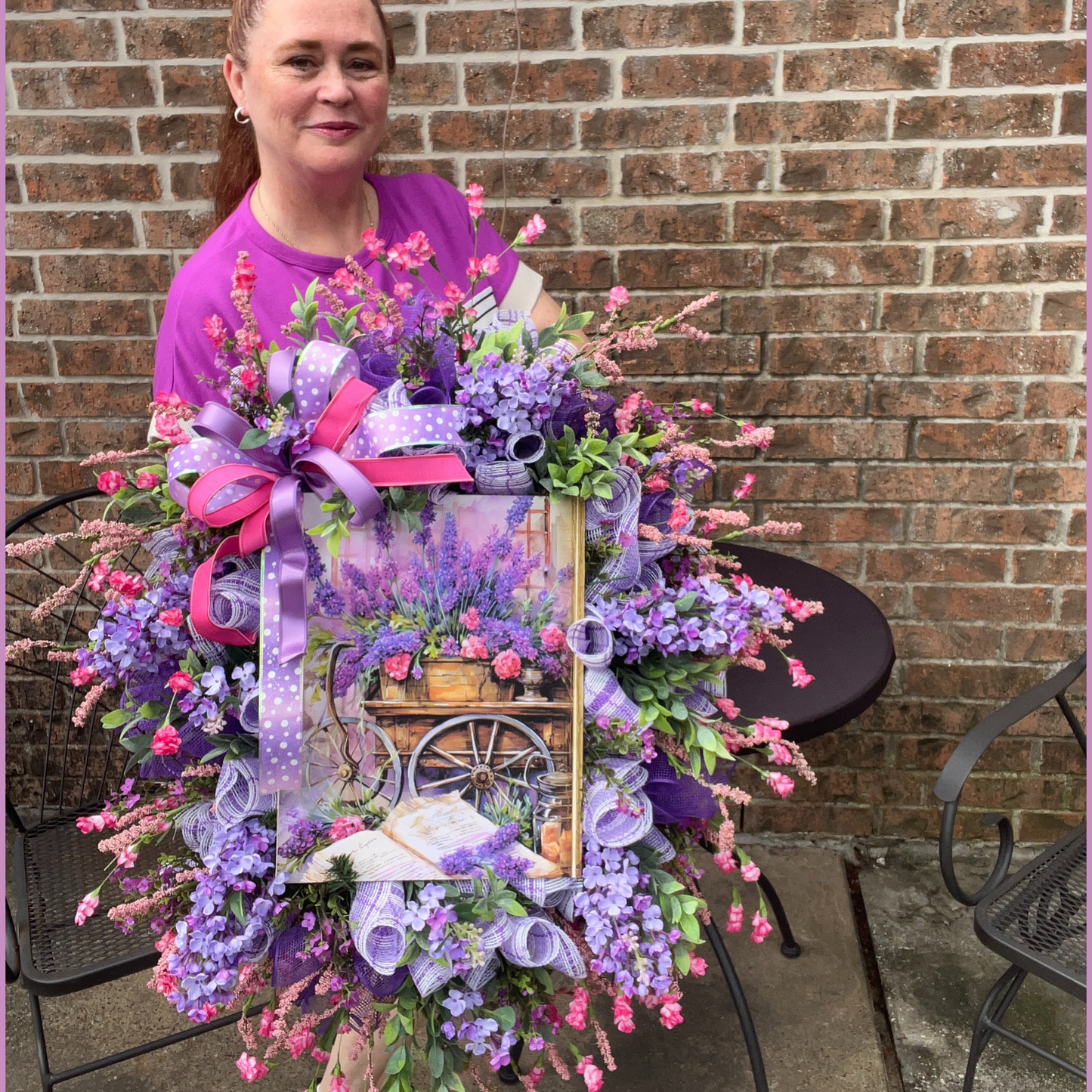 Purple Summer Door Decor with Wildflowers, Whimsical Country Farmhouse Style,Lavender Cart Wreath with Florals & Bows