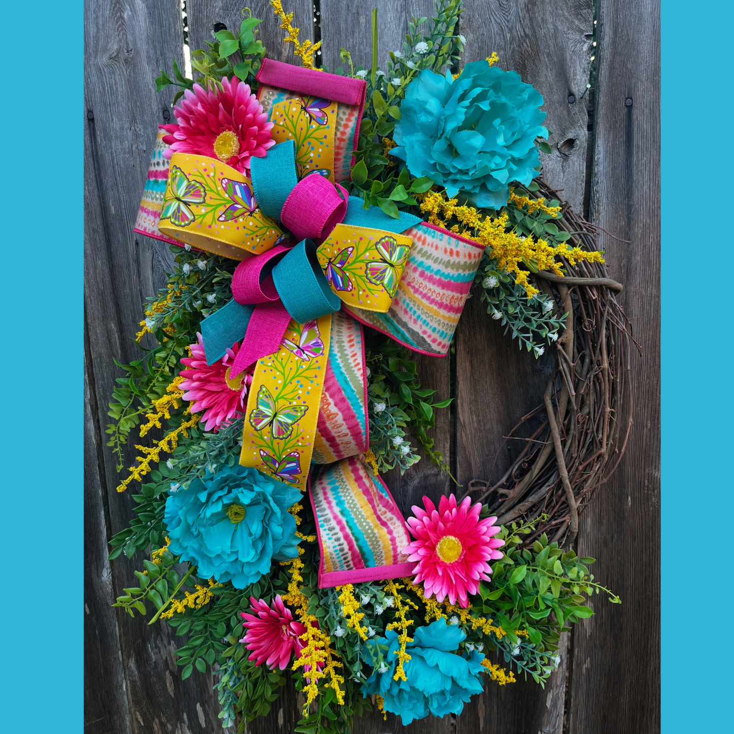 Bright Butterfly Garden Wreath – Vibrant Summer Front Door Decor with Teal & Hot Pink Florals