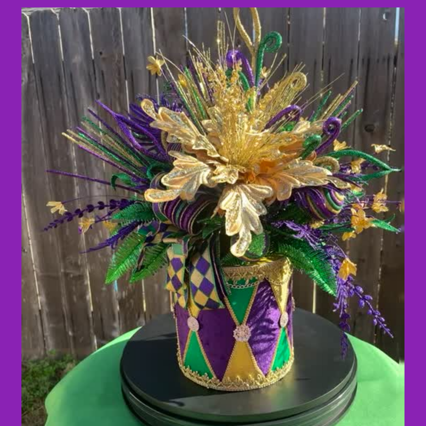 Mardi Gras Floral Centerpiece - Festive Gold, Purple & Green Arrangement