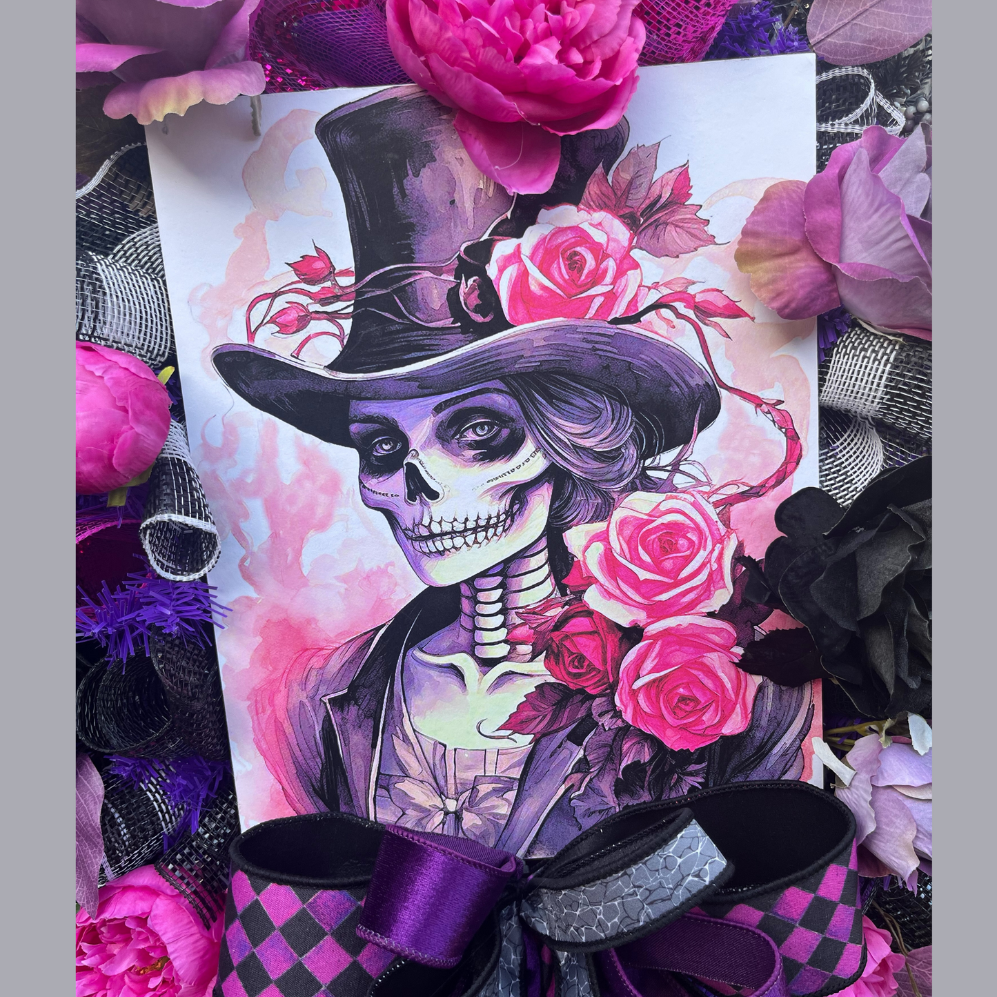 Gothic Skeleton Halloween Wreath – Spooky Chic Door Decor - Gothic Home Decor