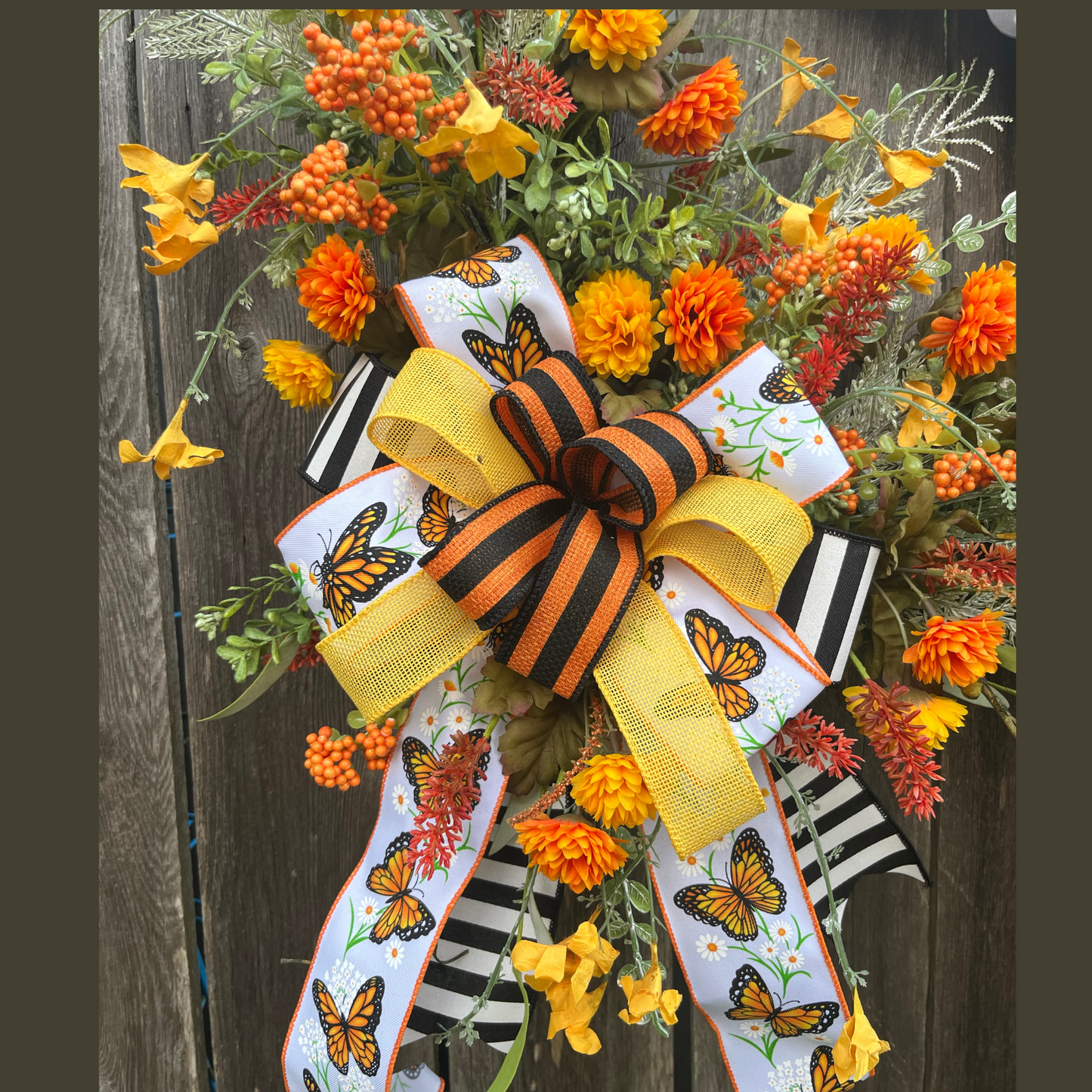 Monarch Butterfly Wreath for Front Door – Summer & Spring Wreath with Orange Florals, Moss Backing & Large Butterfly Accent