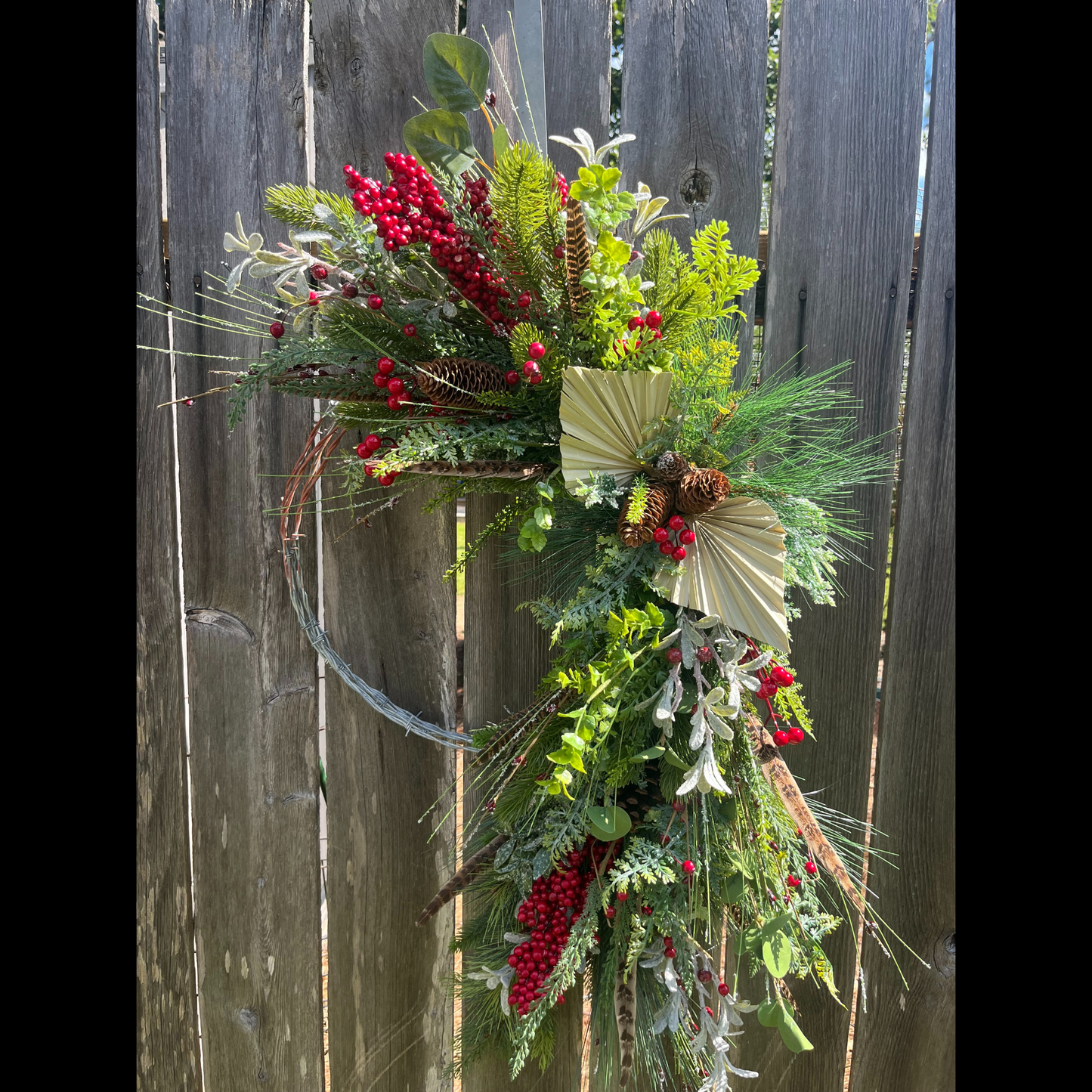 Rustic Winter Berry & Pine Barbed Wire Wreath - Boho Winter Decor-Farmhouse Decor