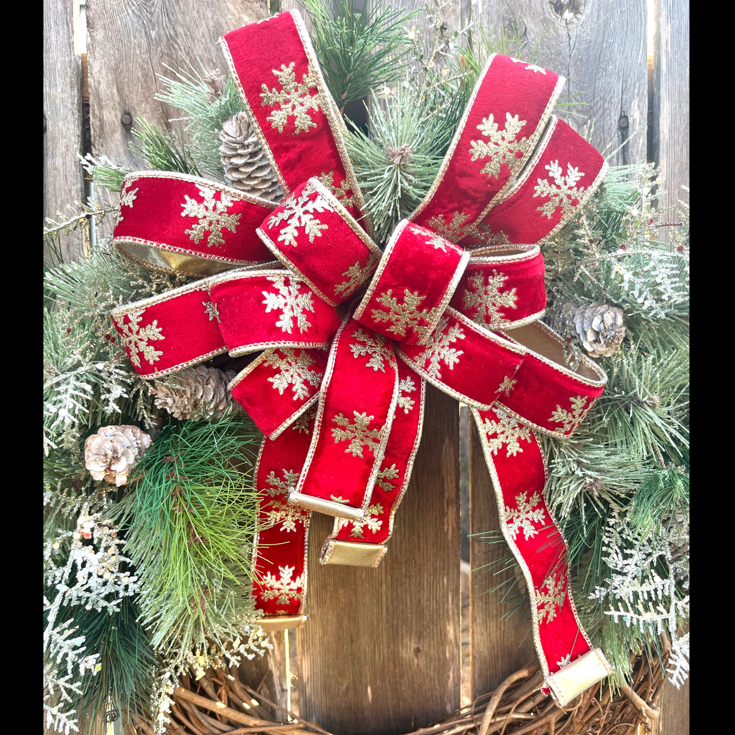 Red Christmas Wreath with Bow – Winter Pine & Snowflake Holiday Decor