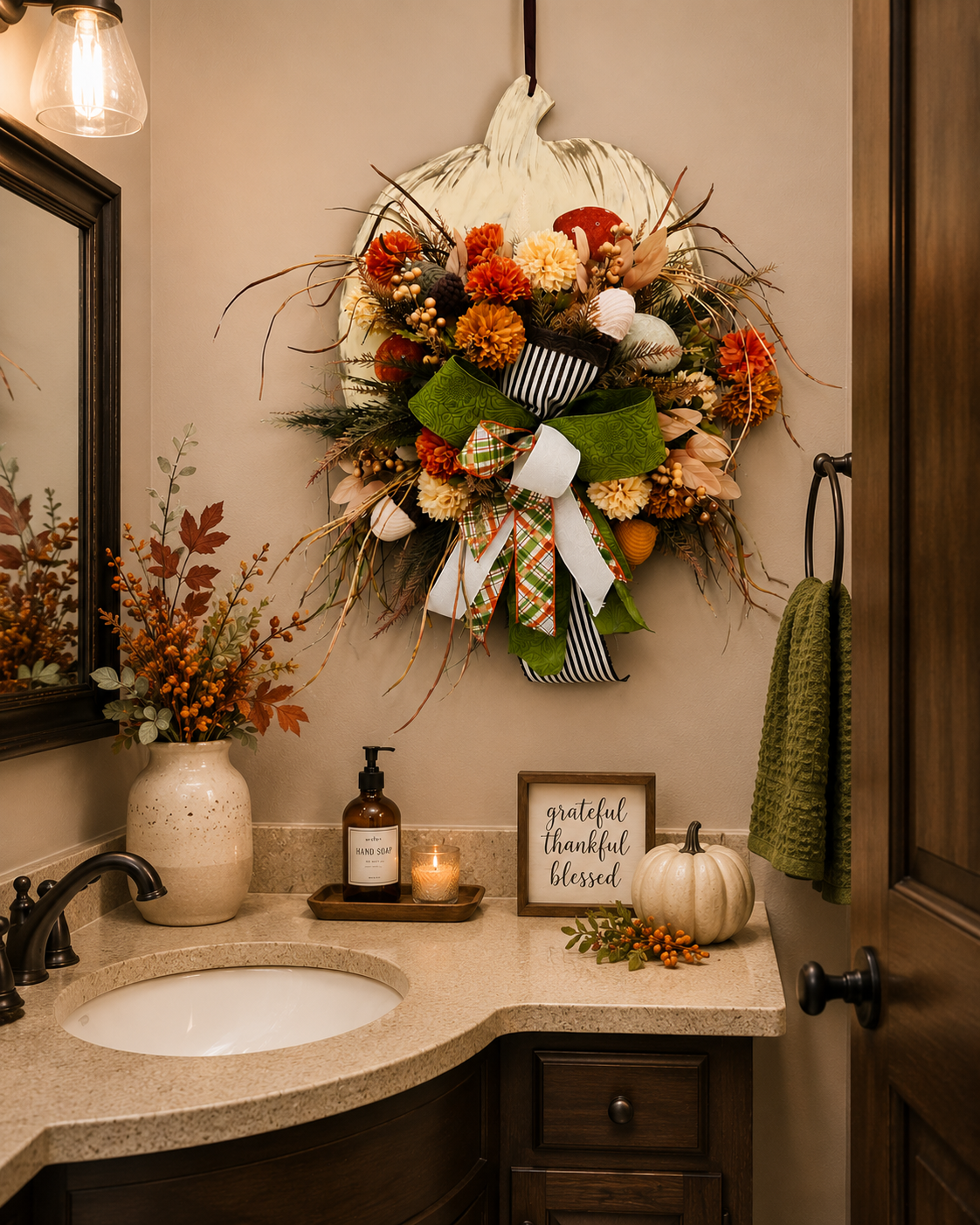 Fall Pumpkin Door Hanger for Front Door Neutral Fall Décor for Front Porch Rustic Autumn Pumpkin Wreath for Living Room Seasonal Accents
