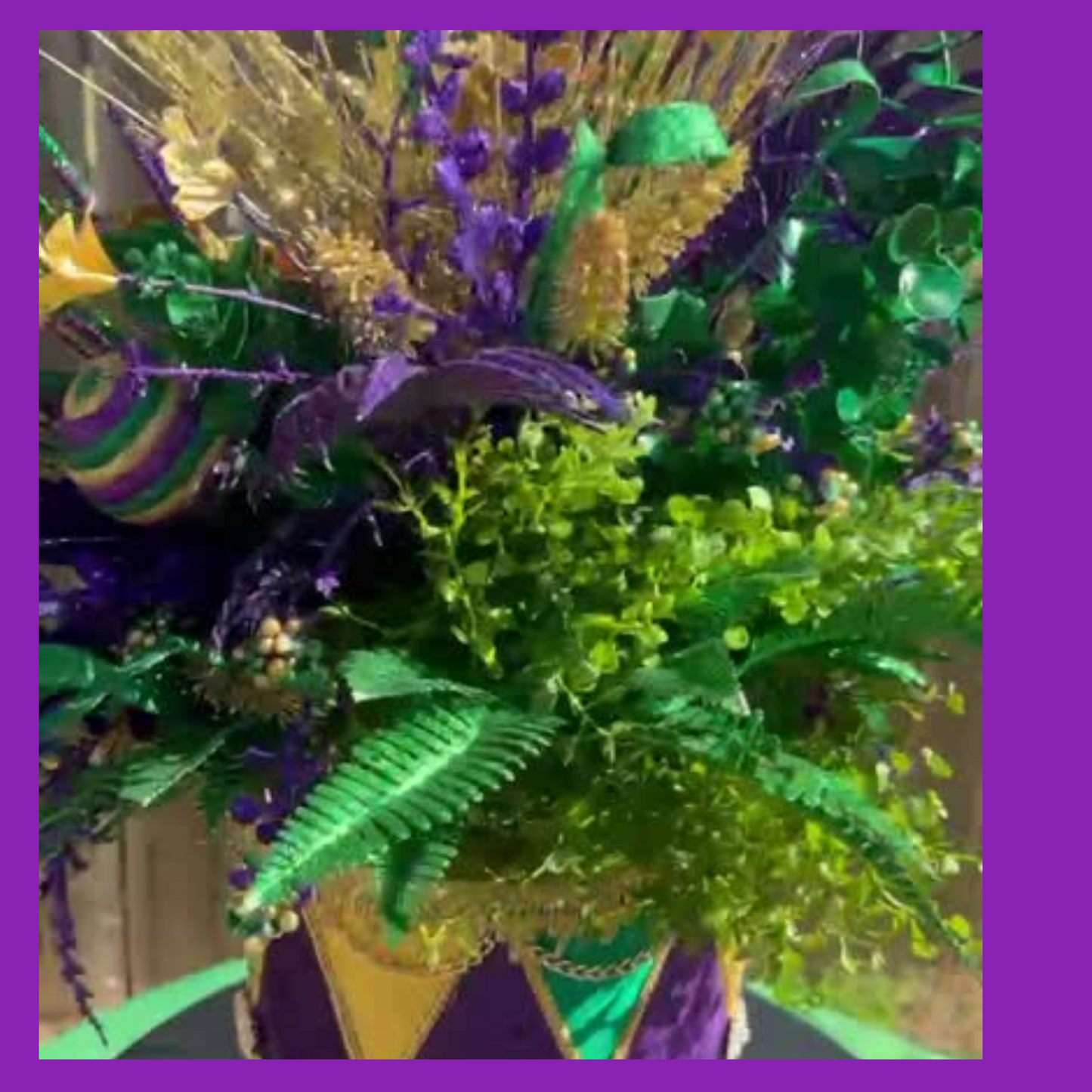Mardi Gras Floral Centerpiece - Festive Gold, Purple & Green Arrangement
