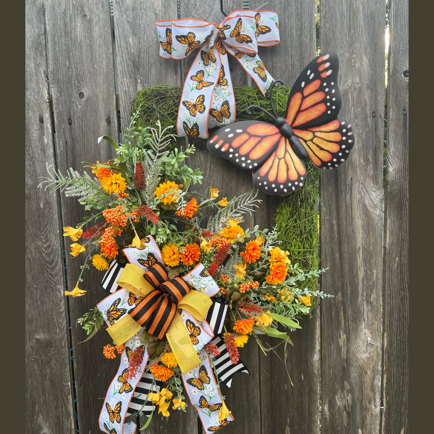 Monarch Butterfly Wreath for Front Door – Summer & Spring Wreath with Orange Florals, Moss Backing & Large Butterfly Accent