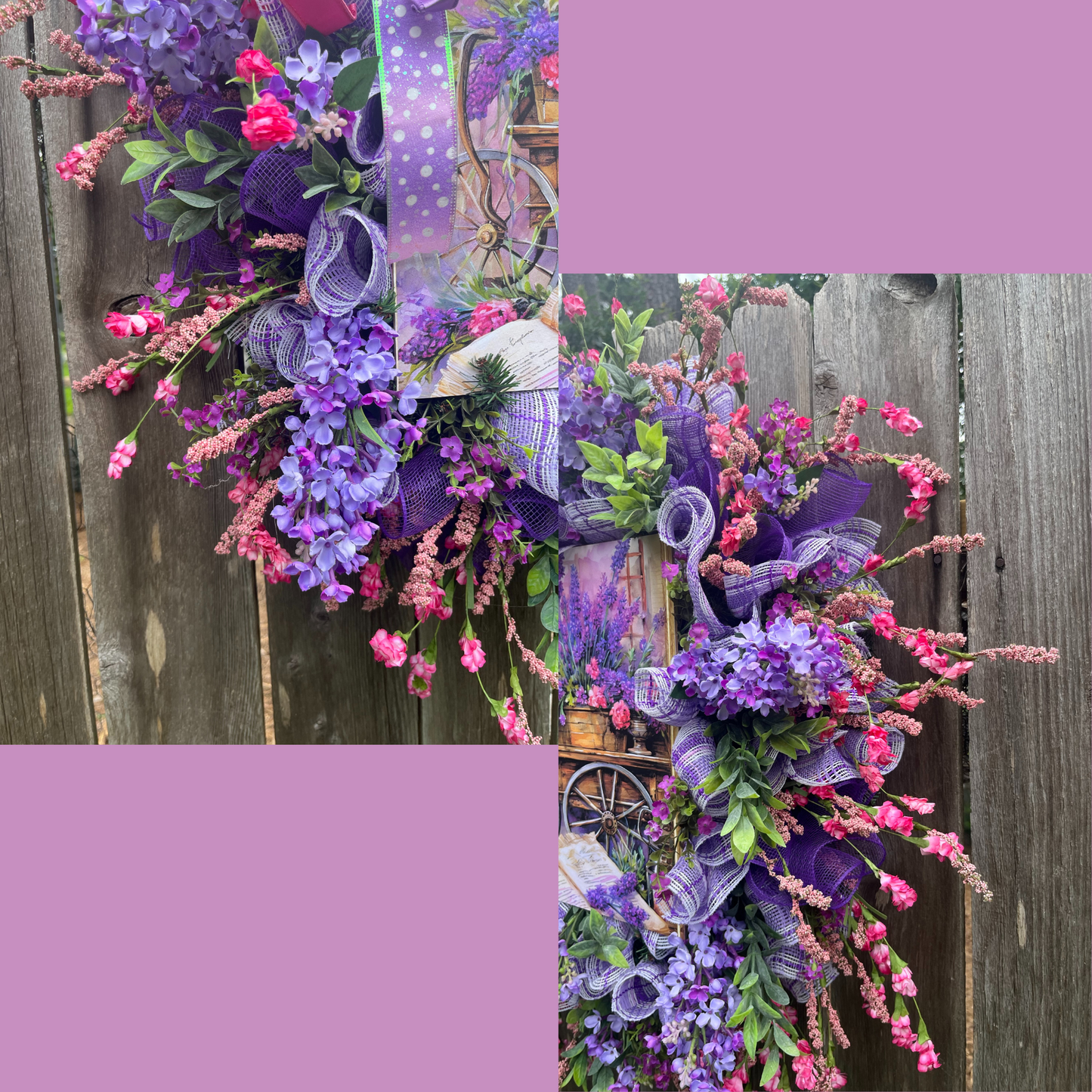 Purple Summer Door Decor with Wildflowers, Whimsical Country Farmhouse Style,Lavender Cart Wreath with Florals & Bows