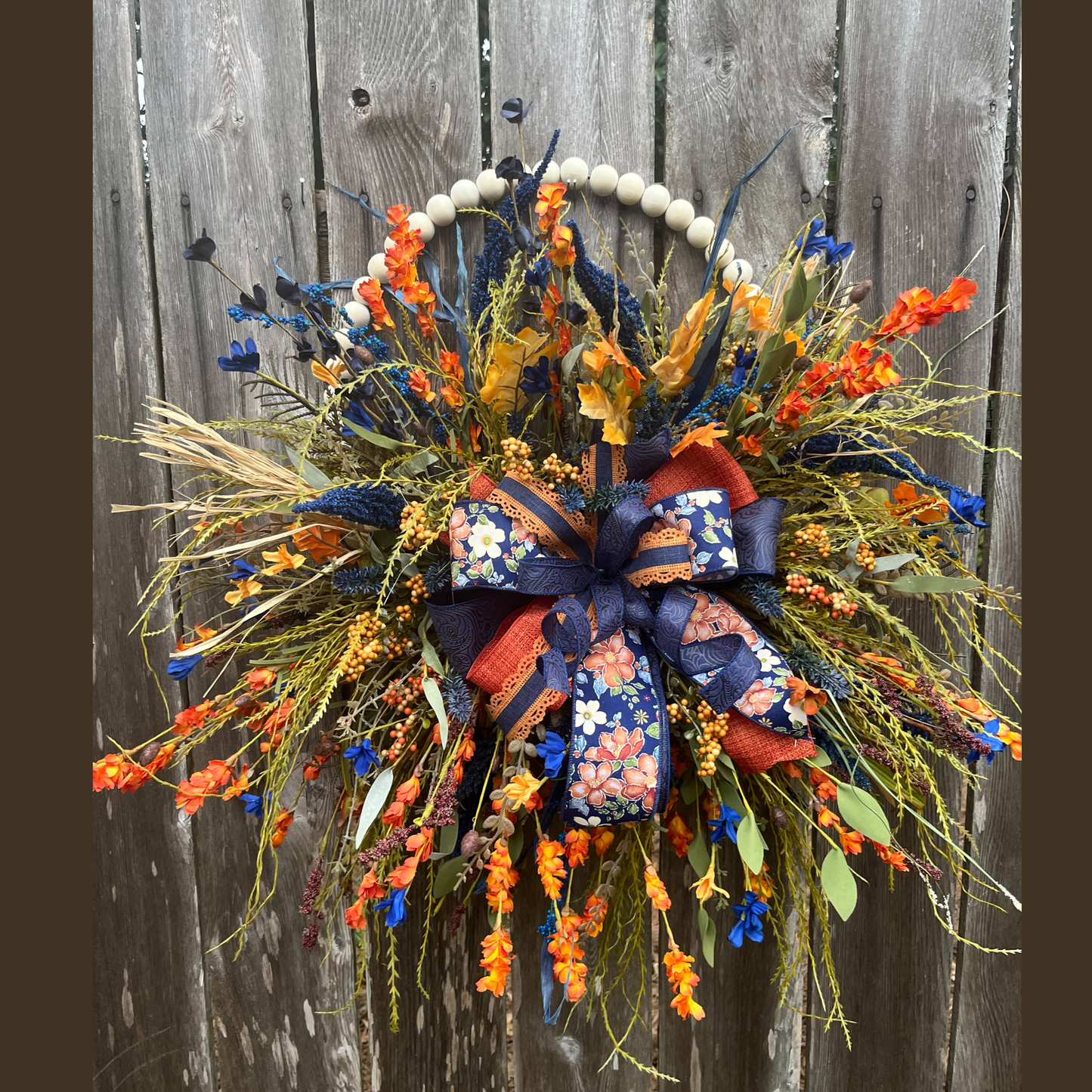 Fall Hoop Wreath with Navy & Orange Florals | Rustic Harvest Door Decor