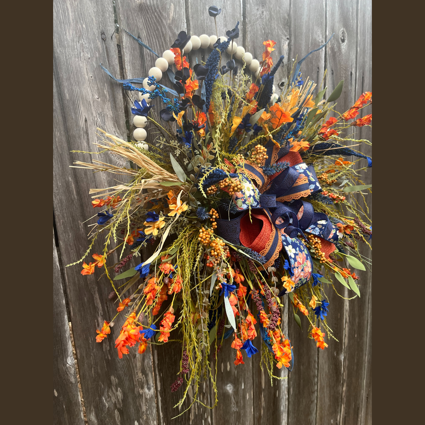 Fall Hoop Wreath with Navy & Orange Florals | Rustic Harvest Door Decor