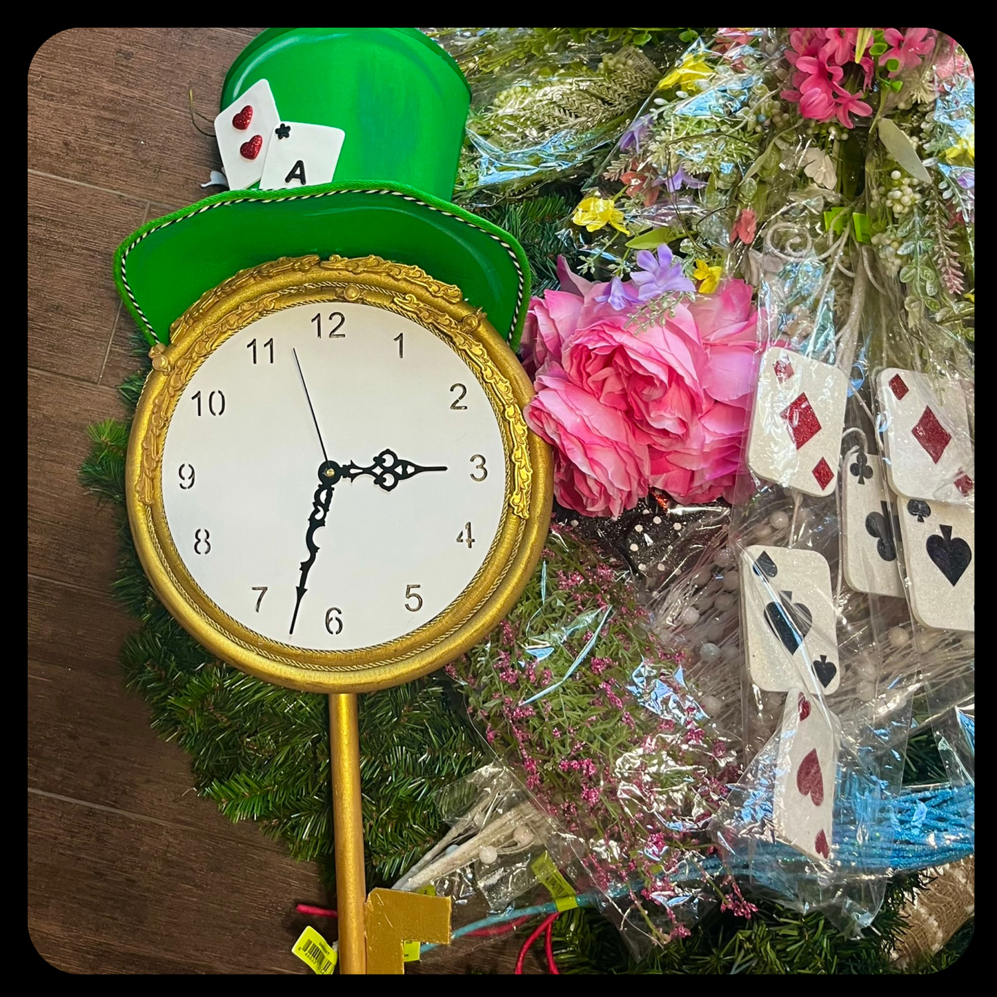 Mad Hatter Wonderland Clock Wreath – Alice in Wonderland Décor, Playing Cards, Pink Floral Door Wreath