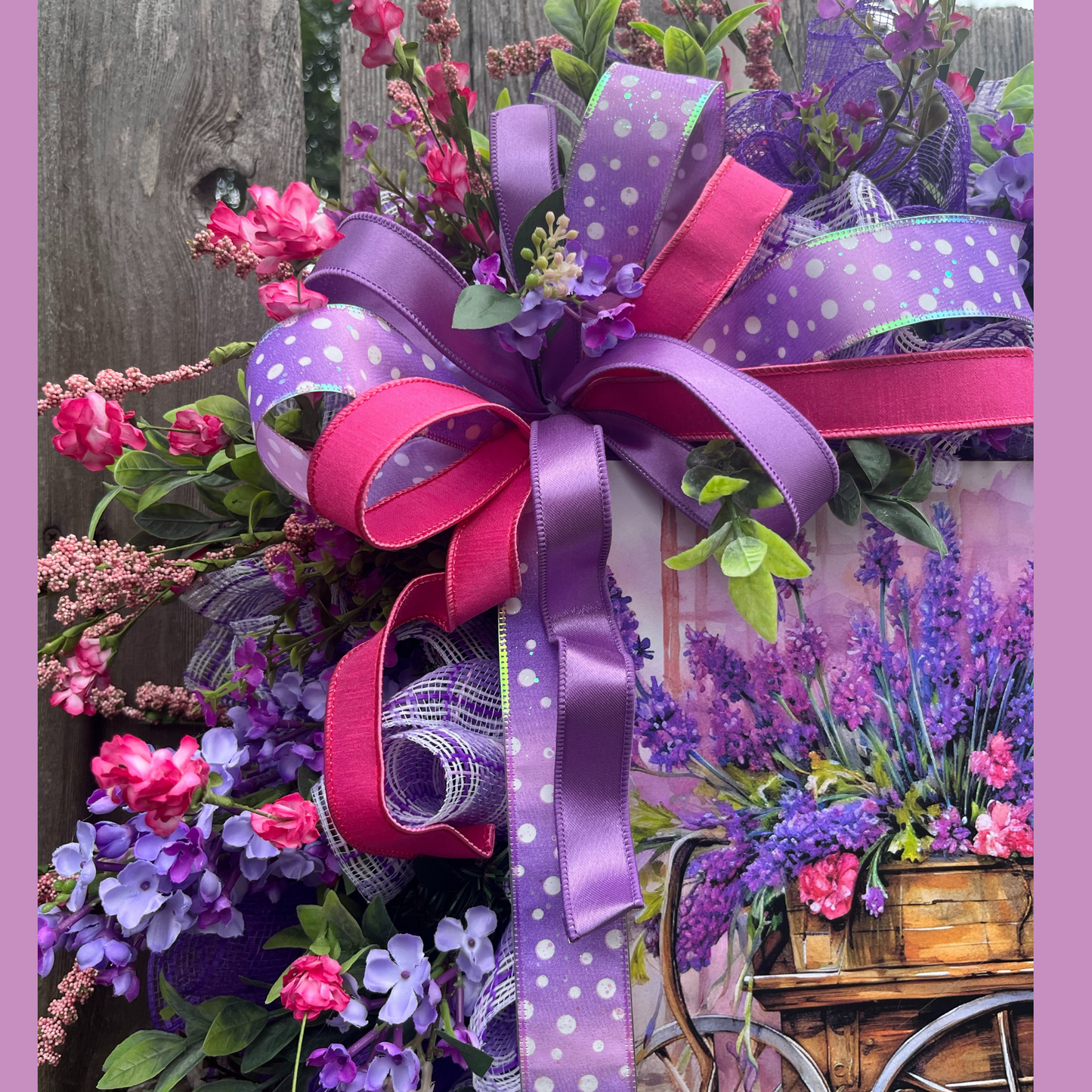 Purple Summer Door Decor with Wildflowers, Whimsical Country Farmhouse Style,Lavender Cart Wreath with Florals & Bows