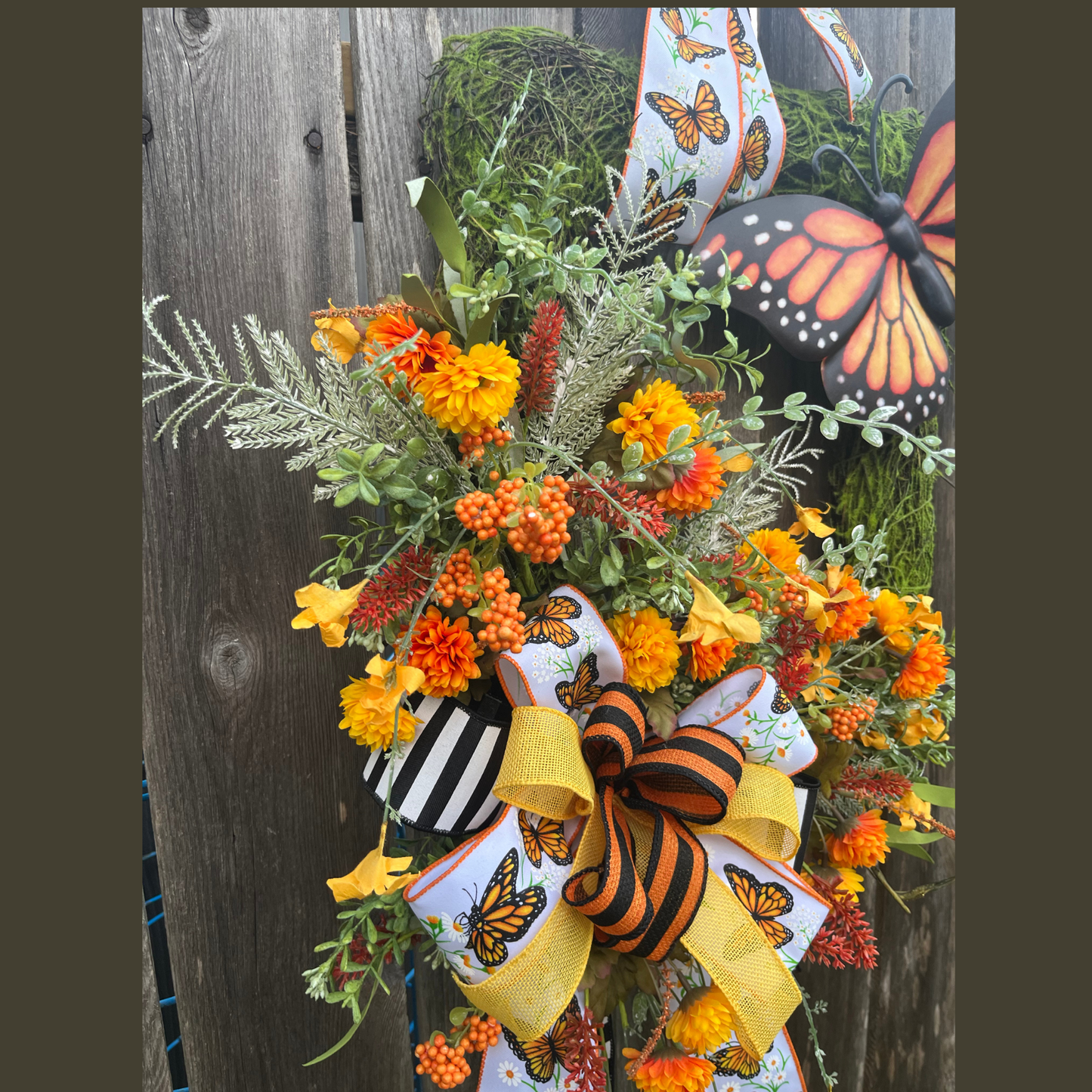 Monarch Butterfly Wreath for Front Door – Summer & Spring Wreath with Orange Florals, Moss Backing & Large Butterfly Accent