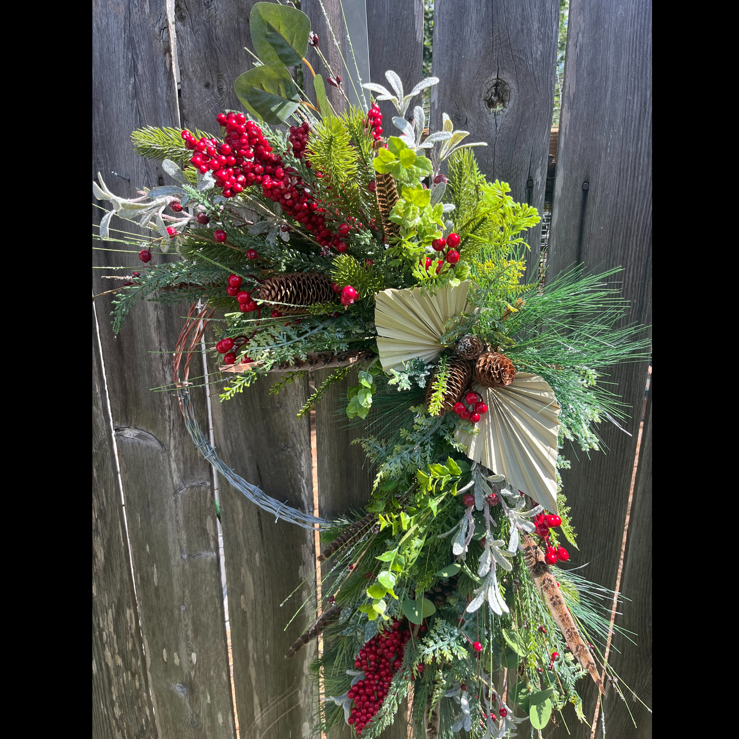 Rustic Winter Berry & Pine Barbed Wire Wreath - Boho Winter Decor-Farmhouse Decor