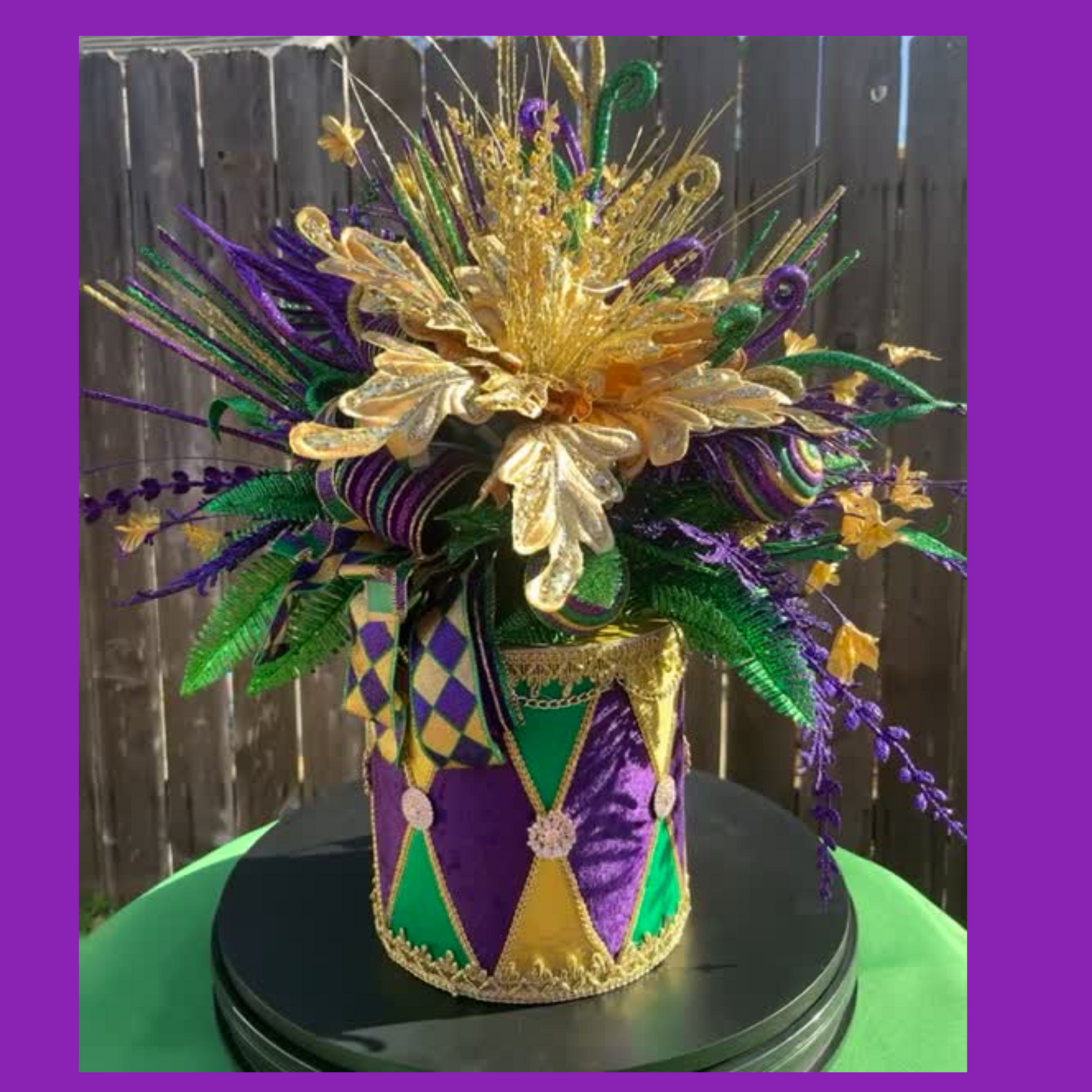 Mardi Gras Floral Centerpiece - Festive Gold, Purple & Green Arrangement