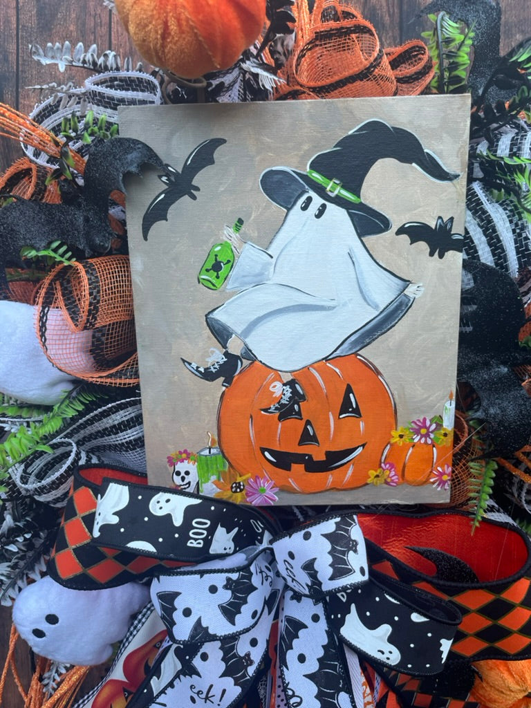 Whimsical Halloween Ghost Wreath with Pumpkin, Bats & Ribbons – Spooky Front Door Decor