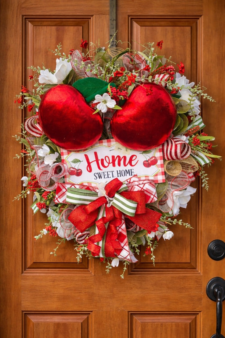 Cherry Front Door Wreath – Whimsical Fruit Decor for Front Porch & Kitchen Theme