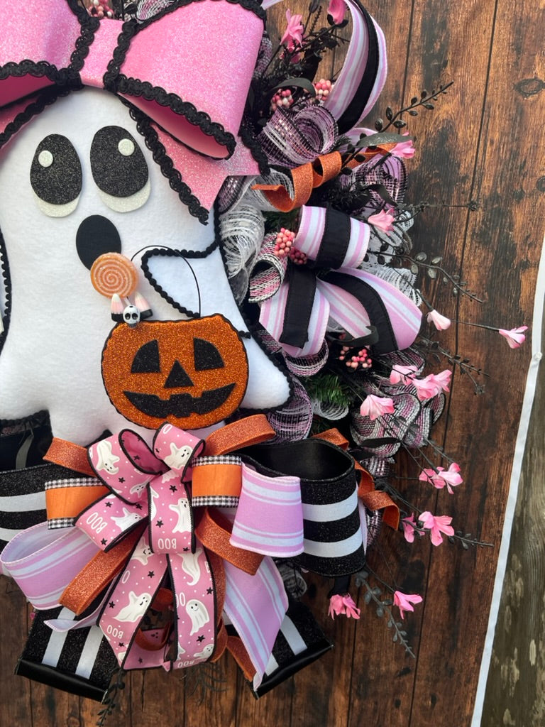 Glam Ghost Halloween Wreath with Coffee Cup & Pink Bow | Spooky Cute Door Décor