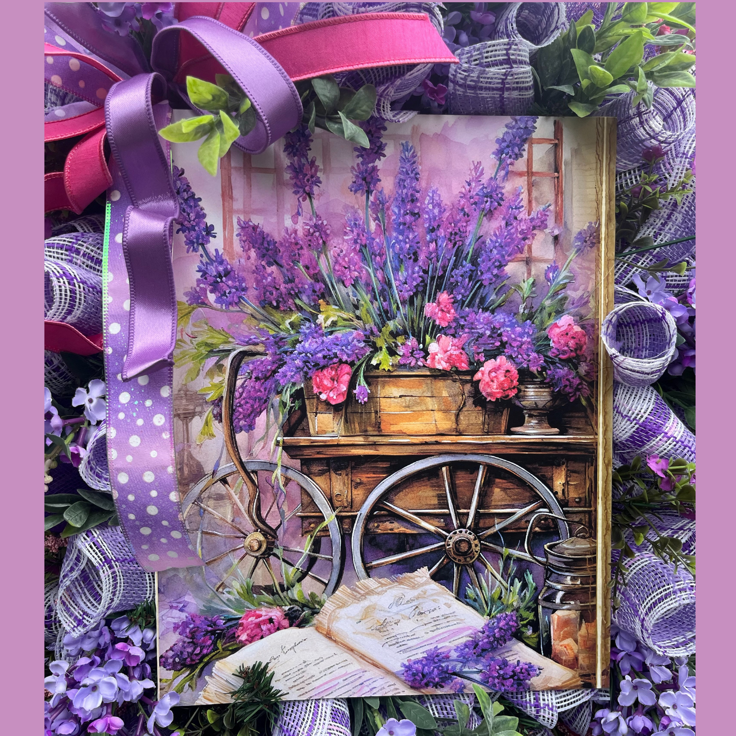 Purple Summer Door Decor with Wildflowers, Whimsical Country Farmhouse Style,Lavender Cart Wreath with Florals & Bows