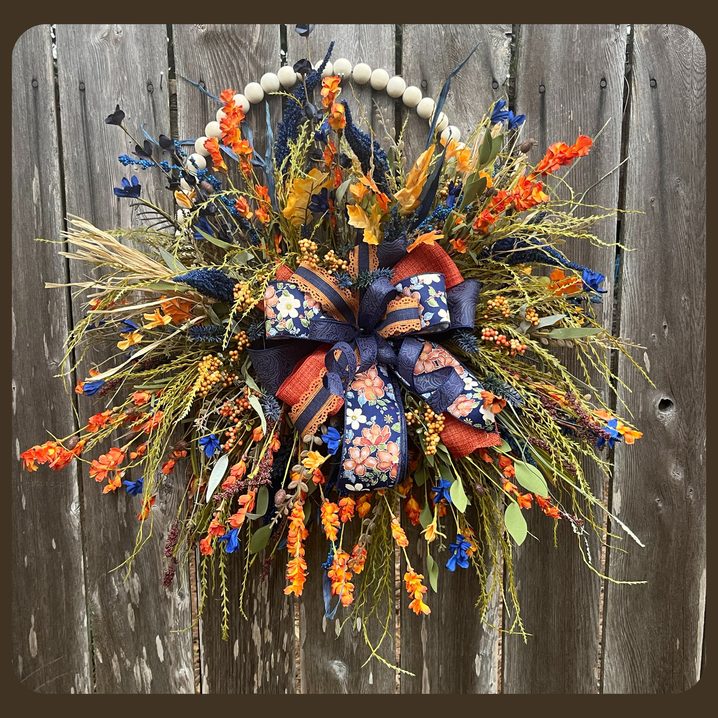 Fall Hoop Wreath with Navy & Orange Florals | Rustic Harvest Door Decor