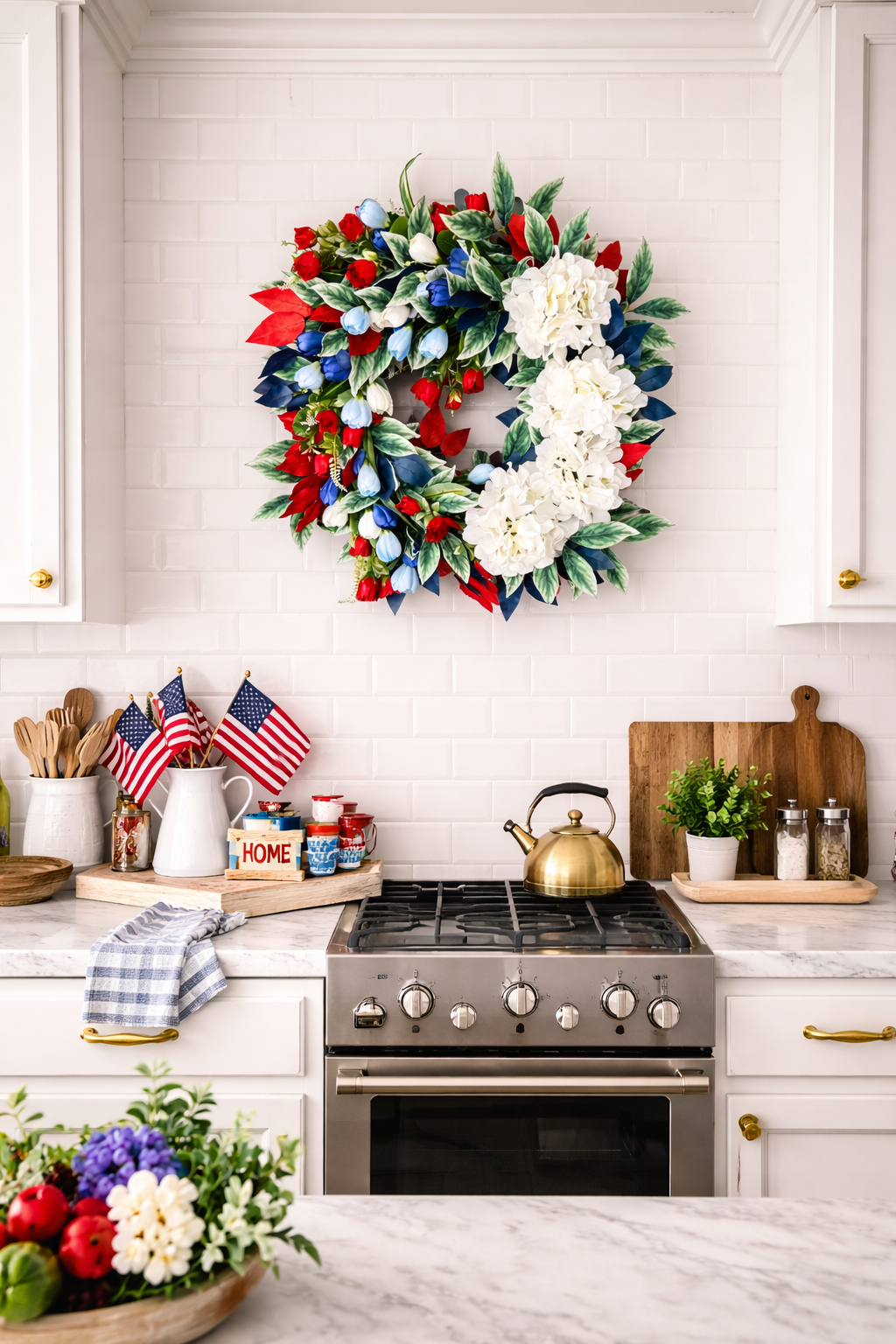 Patriotic Front Door Wreath with Red White Blue Florals | Summer Home Decor | Statement Entryway