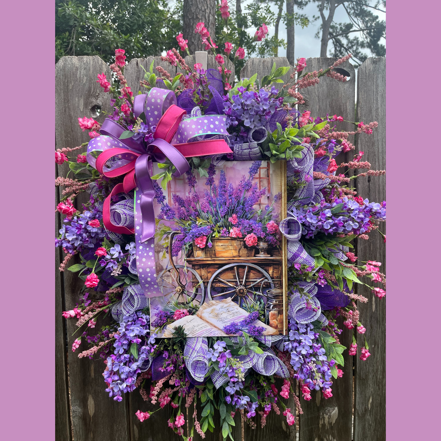 Purple Summer Door Decor with Wildflowers, Whimsical Country Farmhouse Style,Lavender Cart Wreath with Florals & Bows