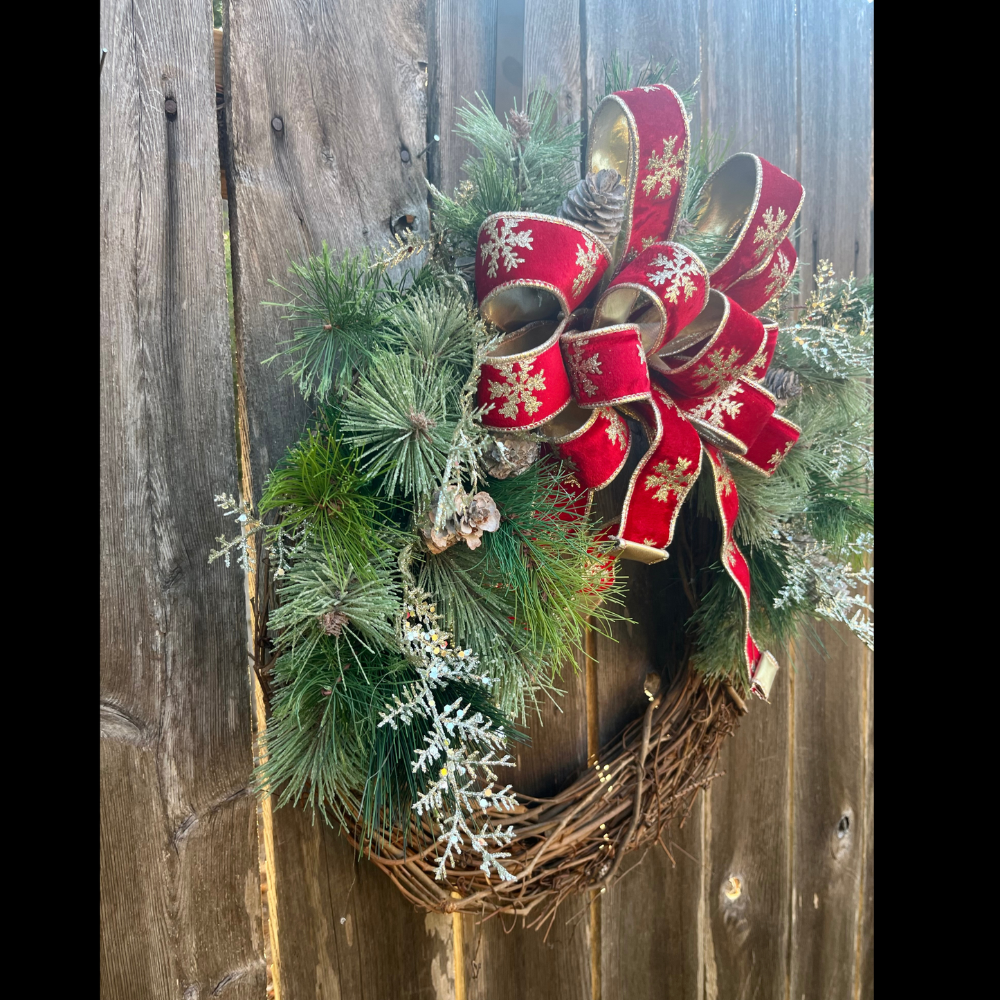 Red Christmas Wreath with Bow – Winter Pine & Snowflake Holiday Decor