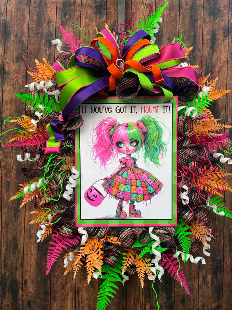 Spooky Halloween Wreath for the Front Door, Neon Halloween Decor