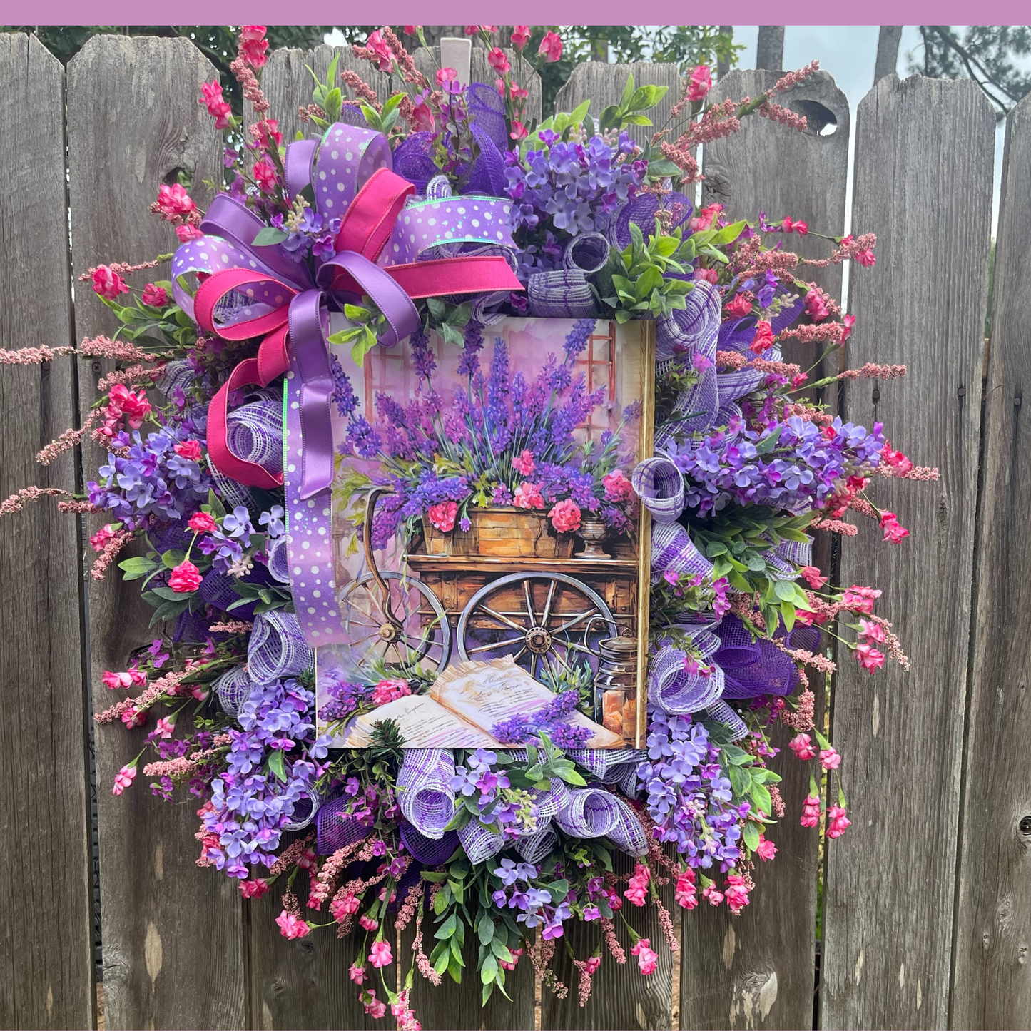 Purple Summer Door Decor with Wildflowers, Whimsical Country Farmhouse Style,Lavender Cart Wreath with Florals & Bows