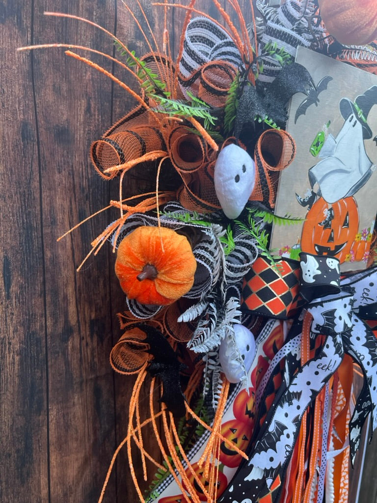 Whimsical Halloween Ghost Wreath with Pumpkin, Bats & Ribbons – Spooky Front Door Decor