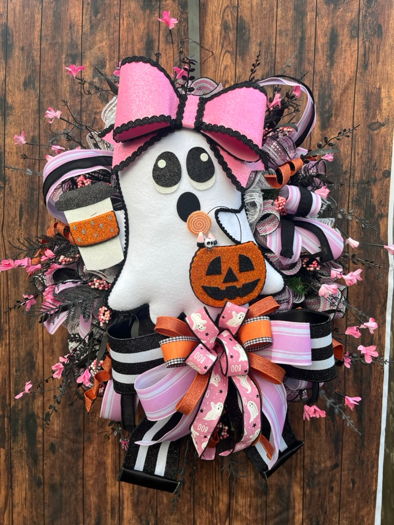 Glam Ghost Halloween Wreath with Coffee Cup & Pink Bow | Spooky Cute Door Décor
