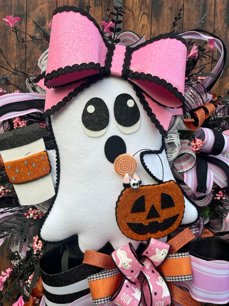 Glam Ghost Halloween Wreath with Coffee Cup & Pink Bow | Spooky Cute Door Décor