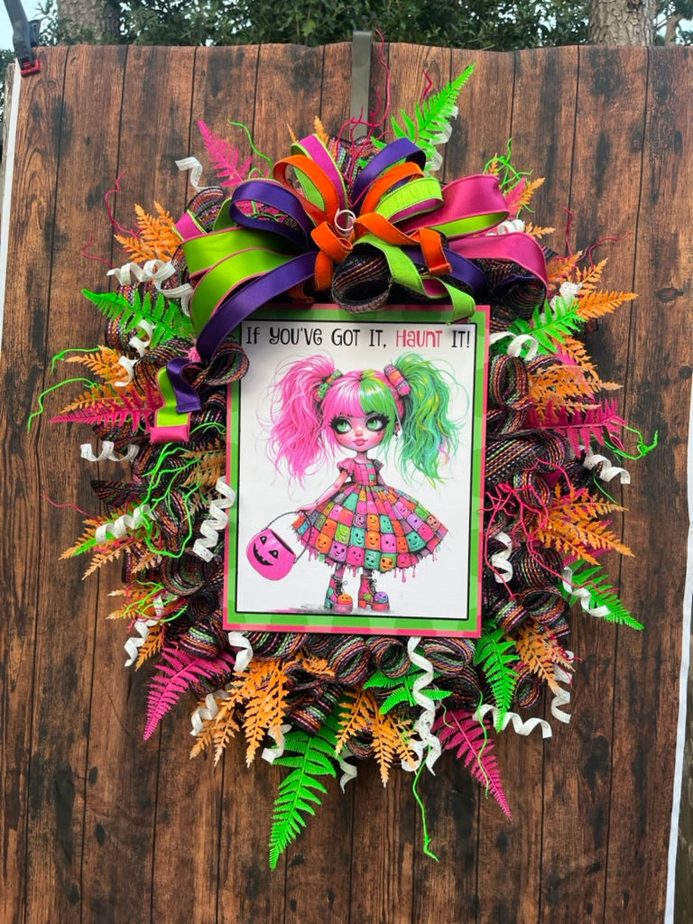 Spooky Halloween Wreath for the Front Door, Neon Halloween Decor