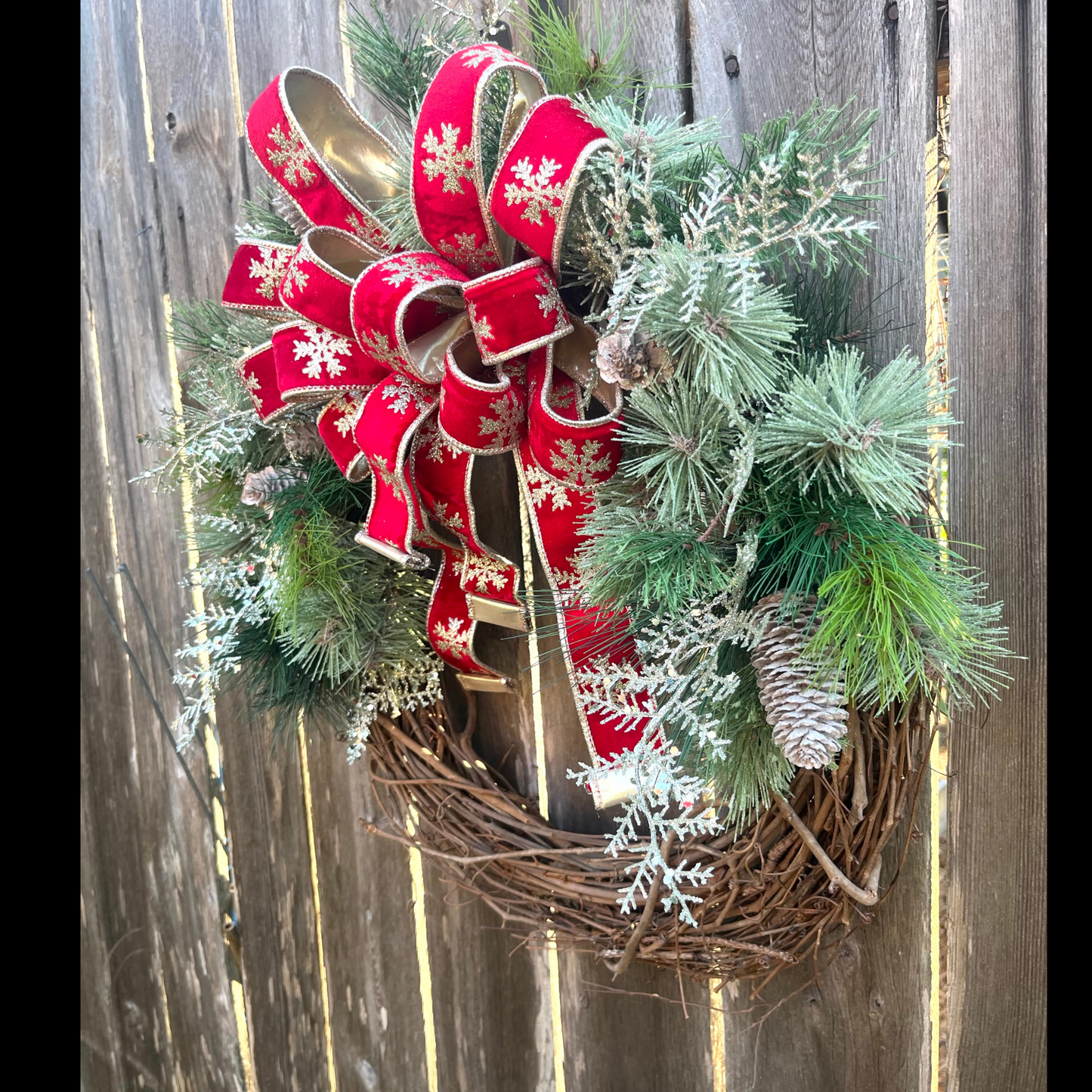 Red Christmas Wreath with Bow – Winter Pine & Snowflake Holiday Decor