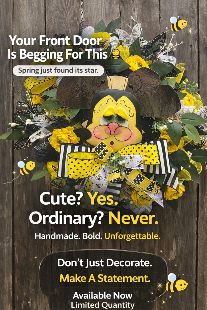 Black & Yellow Bee Inspired Spring Wreath – Bold Front Door Floral Decor