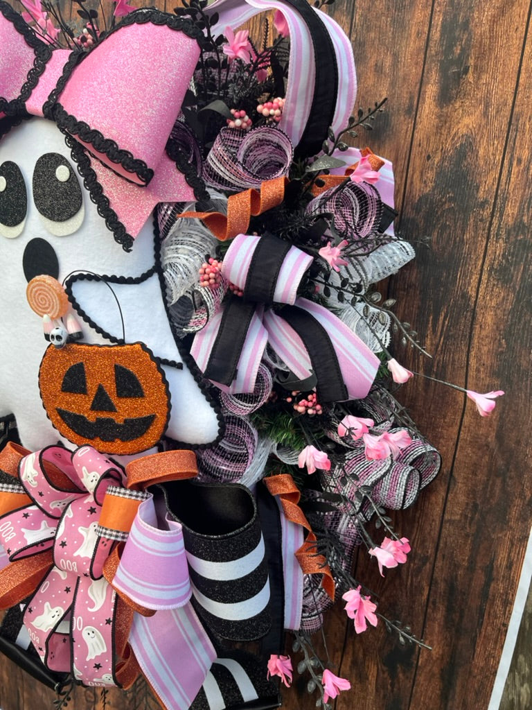 Glam Ghost Halloween Wreath with Coffee Cup & Pink Bow | Spooky Cute Door Décor